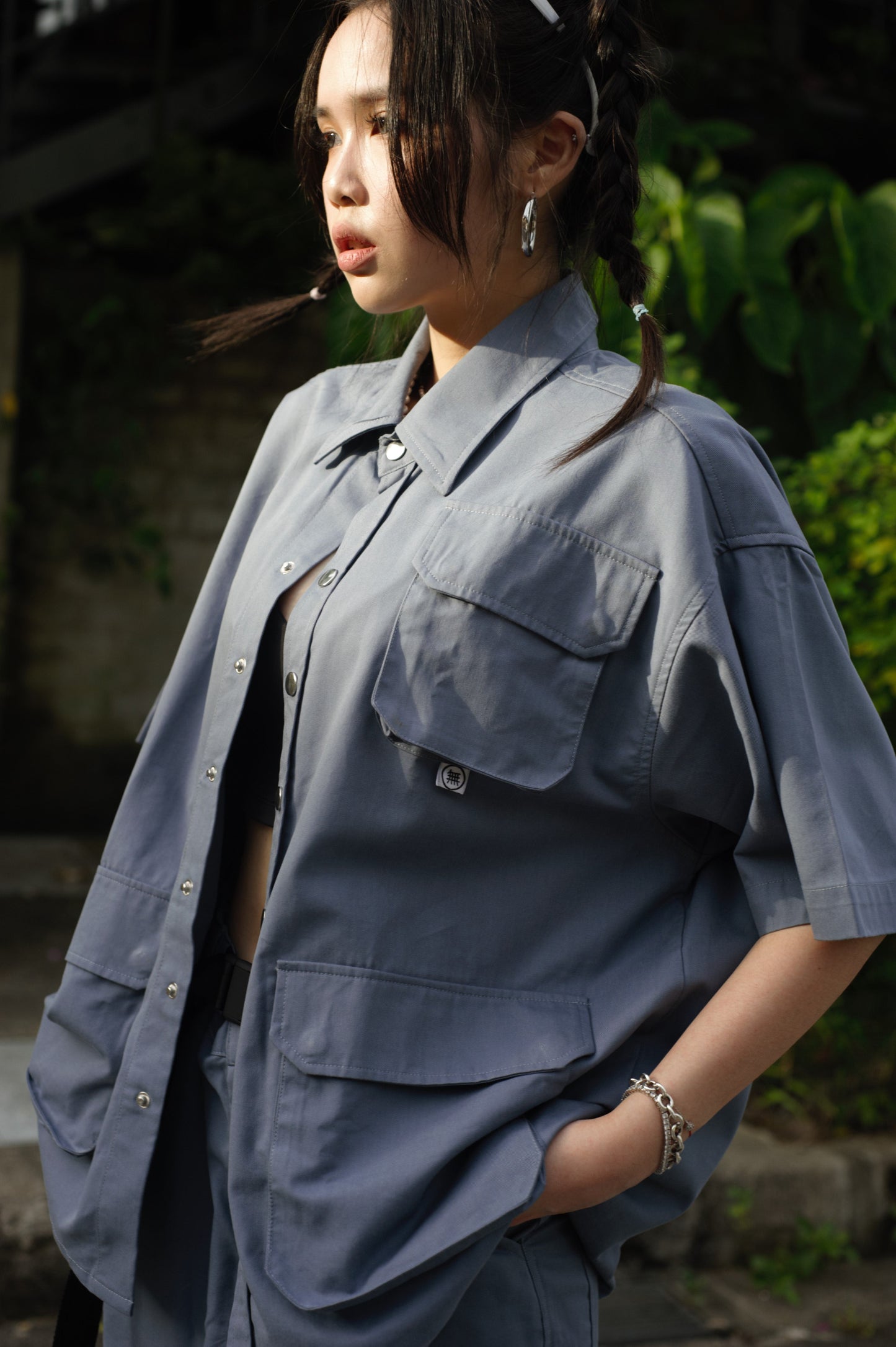 Null Label Oversized Button Shirt in Grey